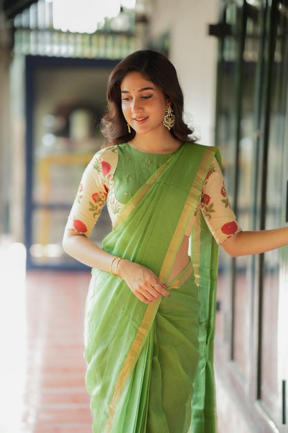 Cream cotton print hand work blouse(only blouse)