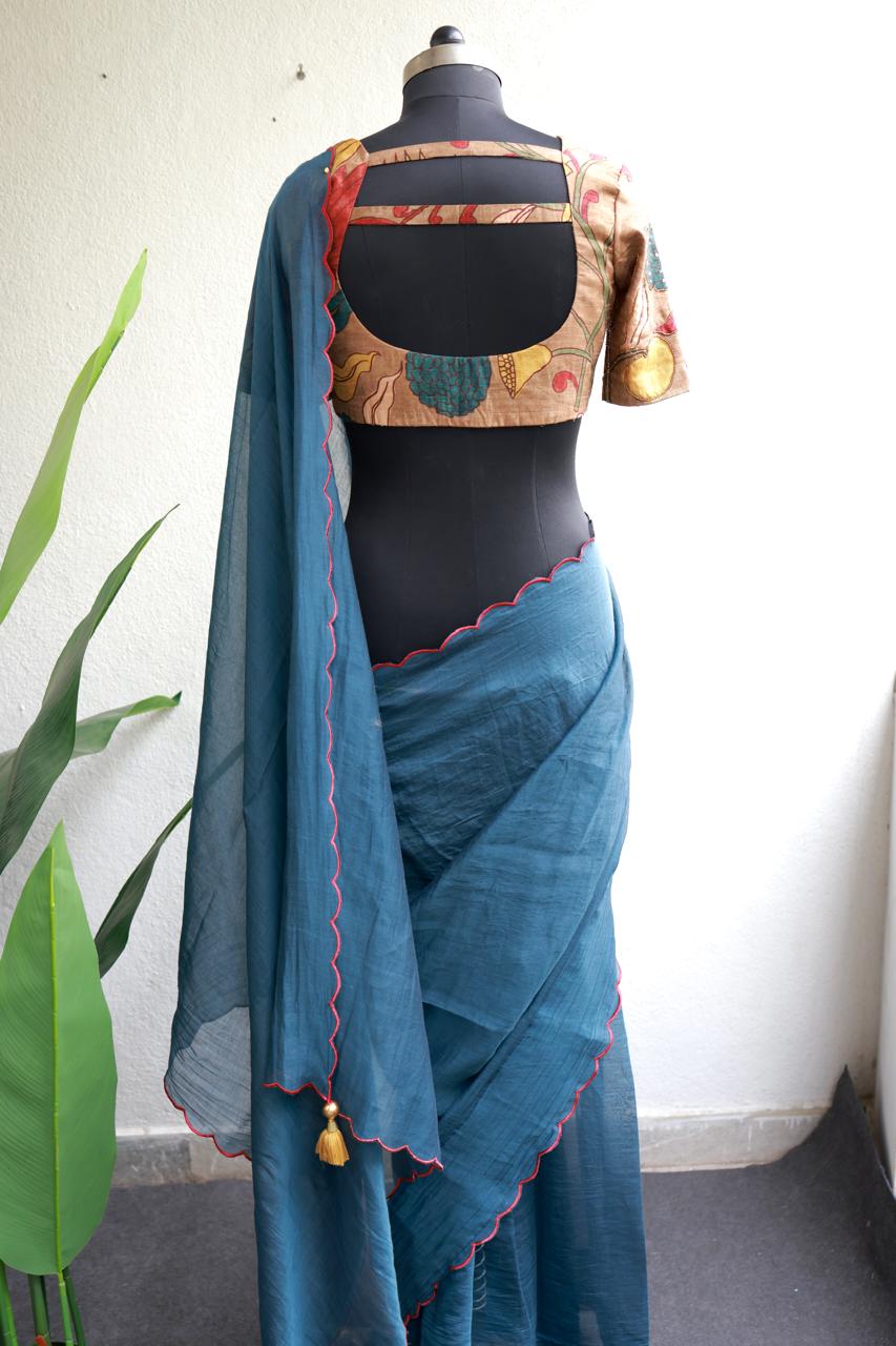 Blue malai cotton saree with kalamkari handwork blouse