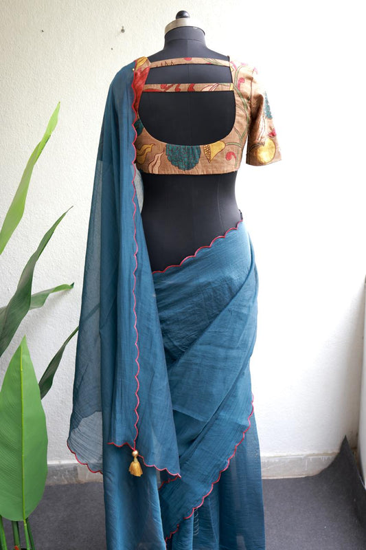 Blue malai cotton saree with kalamkari handwork blouse
