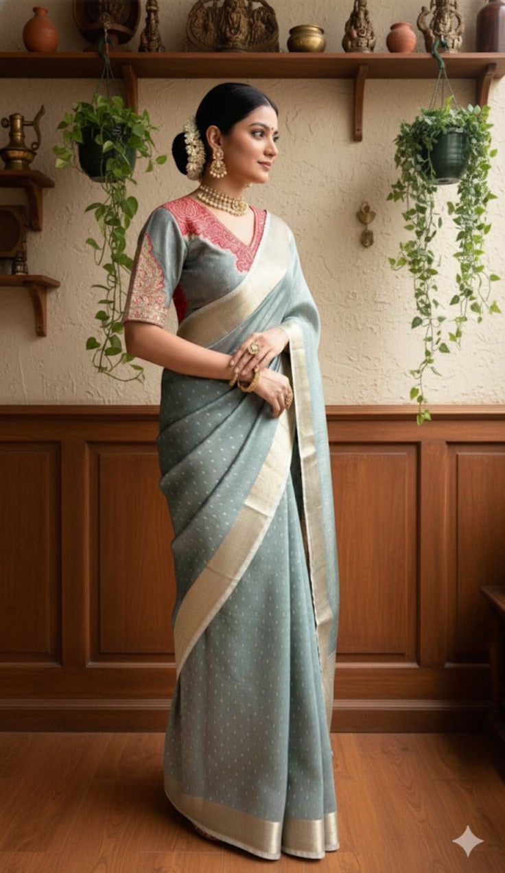 Grey banarasi saree with heavy embroidery blouse