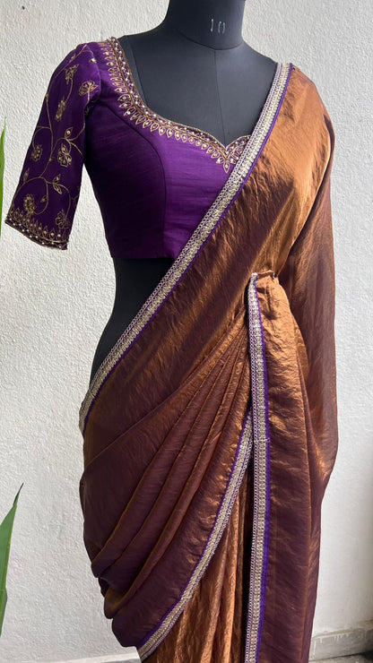 Coffee tissue saree with purple heavy hand work blouse