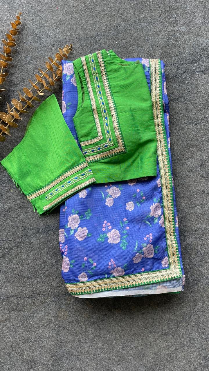 Blue kota saree with green hand work blouse