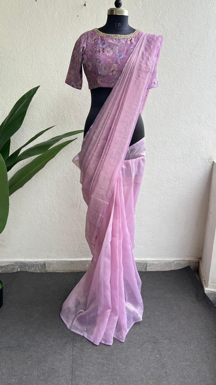 Lavender tissue saree with mirror floral blouse