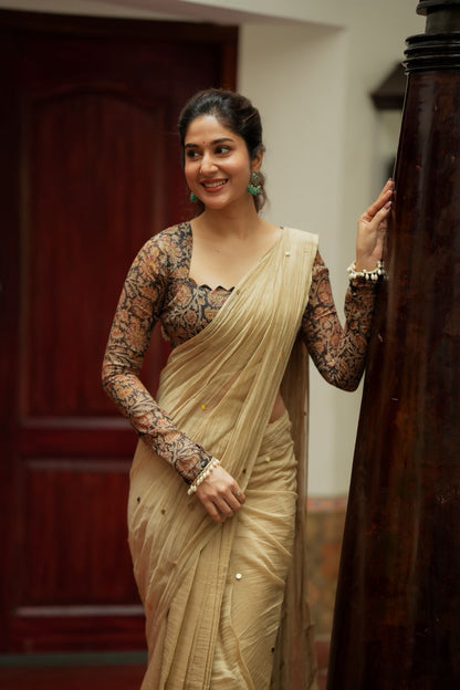 Cream malai chanderi saree with Ajrak print blouse