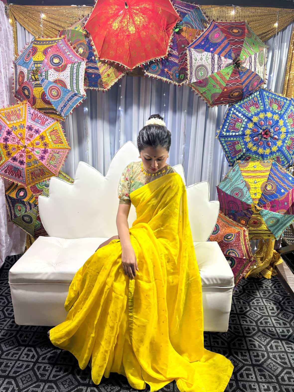 Yellow soft jute saree with green hand worked blouse