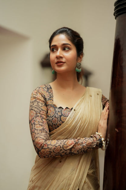 Cream malai chanderi saree with Ajrak print blouse