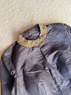 Black silk collar hand work blouse