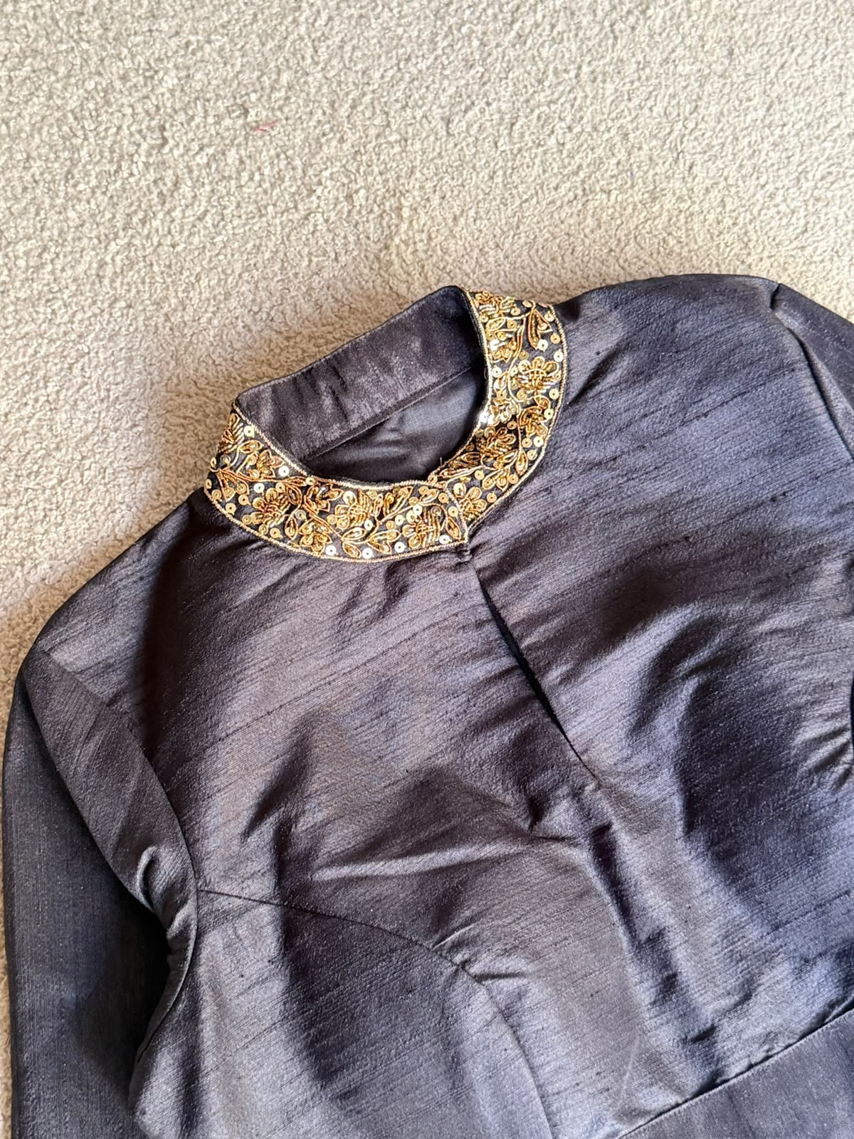 Black silk collar hand work blouse