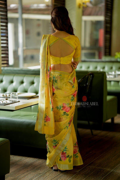 Yellow linen cotton saree with hand work blouse