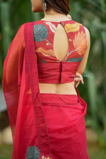 Maroon soft organza saree with kalamkari blouse