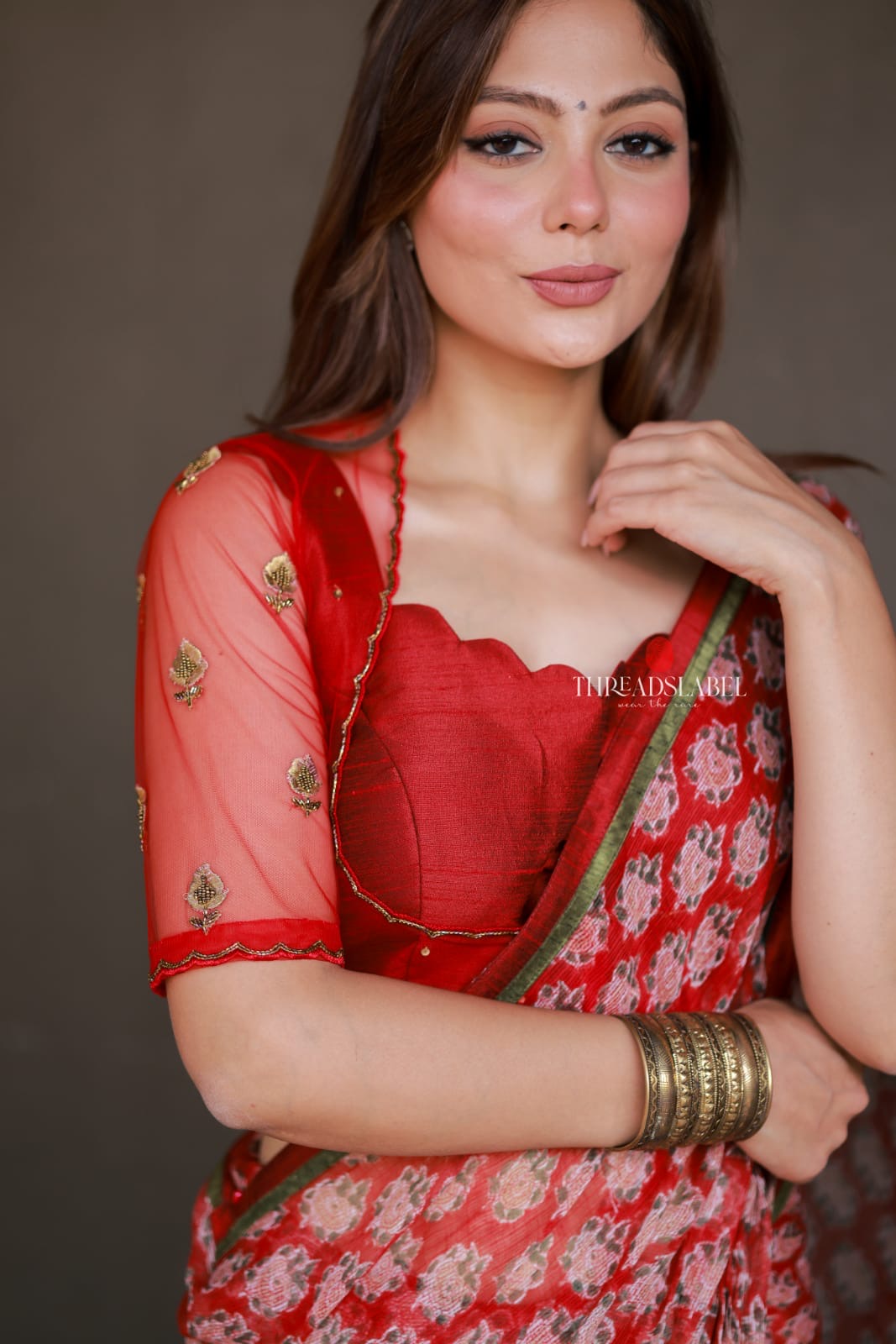 Red silk netted hand work blouse (Only blouse)