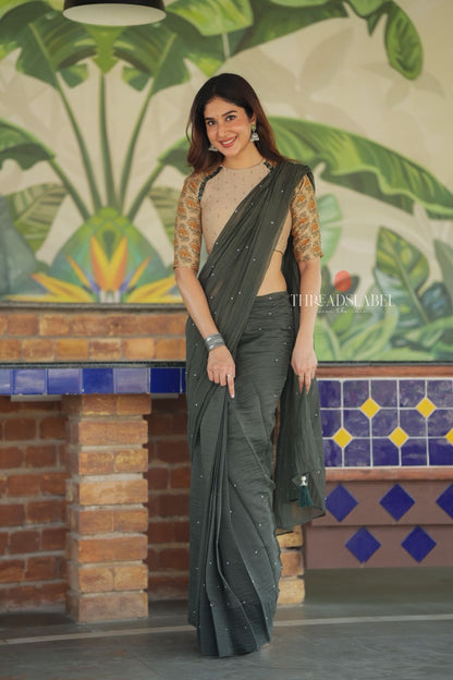 Bottle green mul chanderi saree with mirror work blouse