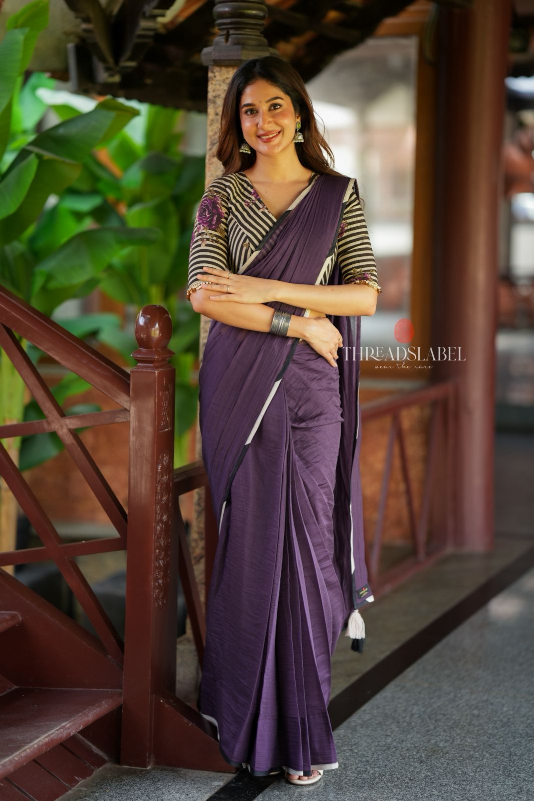 Deep purple mul cotton saree with hand block print blouse