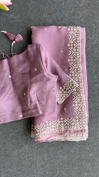 Lavender tissue saree with tissue embroidery blouse