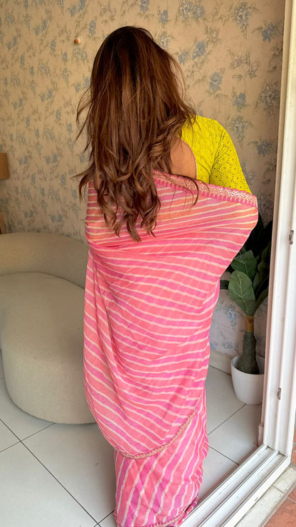 Pink lehariya saree with green hakoba embroidery blouse