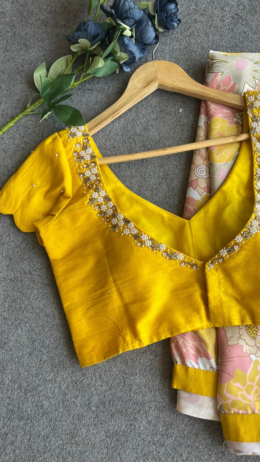Yellow silk pearl hand worked blouse (only blouse)