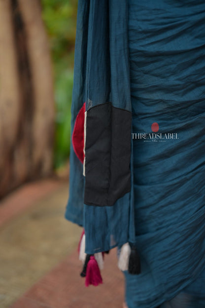 Blue mul chanderi saree with embroidery ajrak blouse