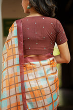 Multi checked kota saree with brown embroidery blouse