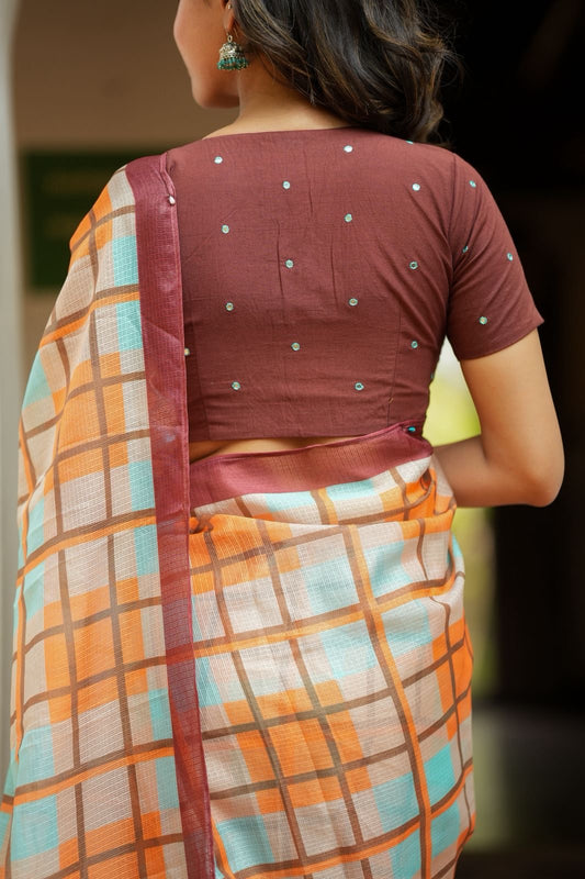 Multi checked viscose jute saree with brown embroidery blouse