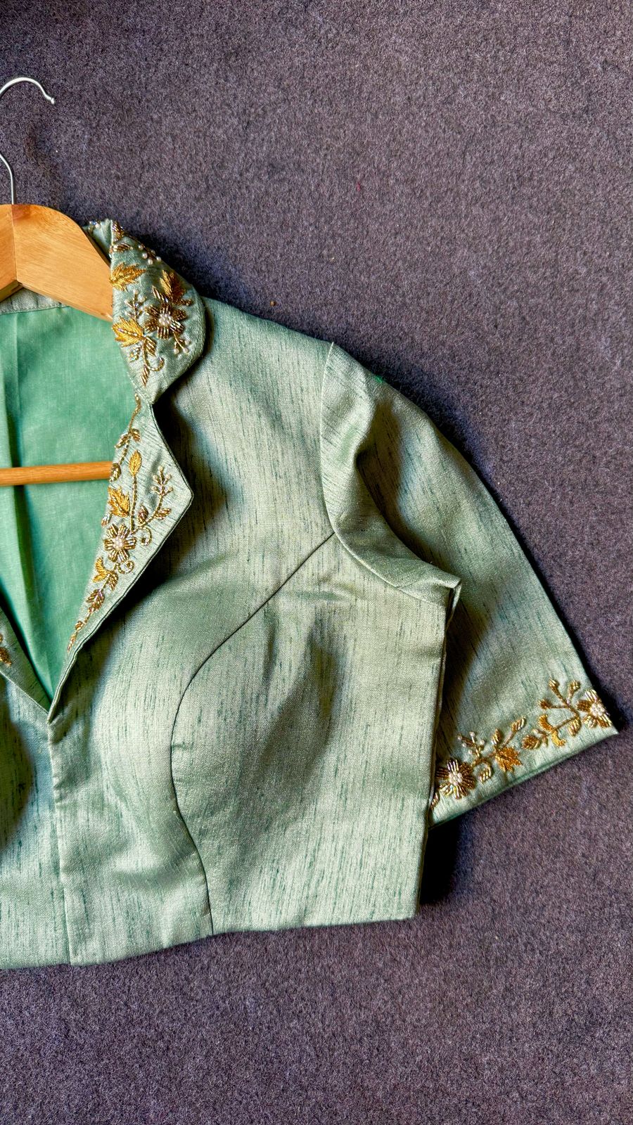 Pista green silk collar hand worked blouse