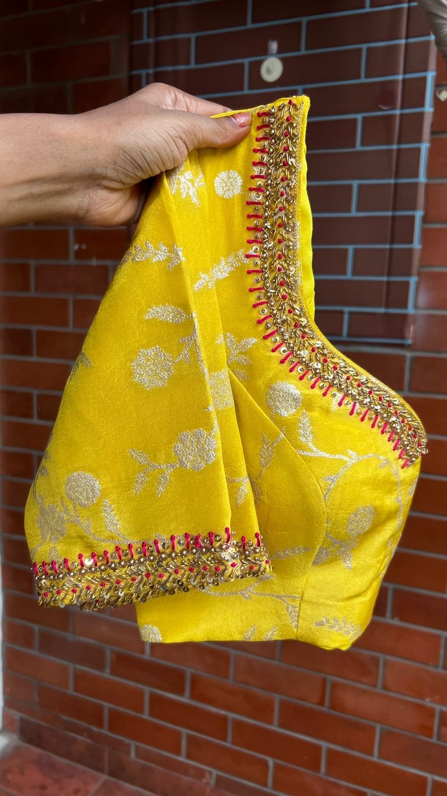 Yellow floral banarasi hand work blouse (only blouse)