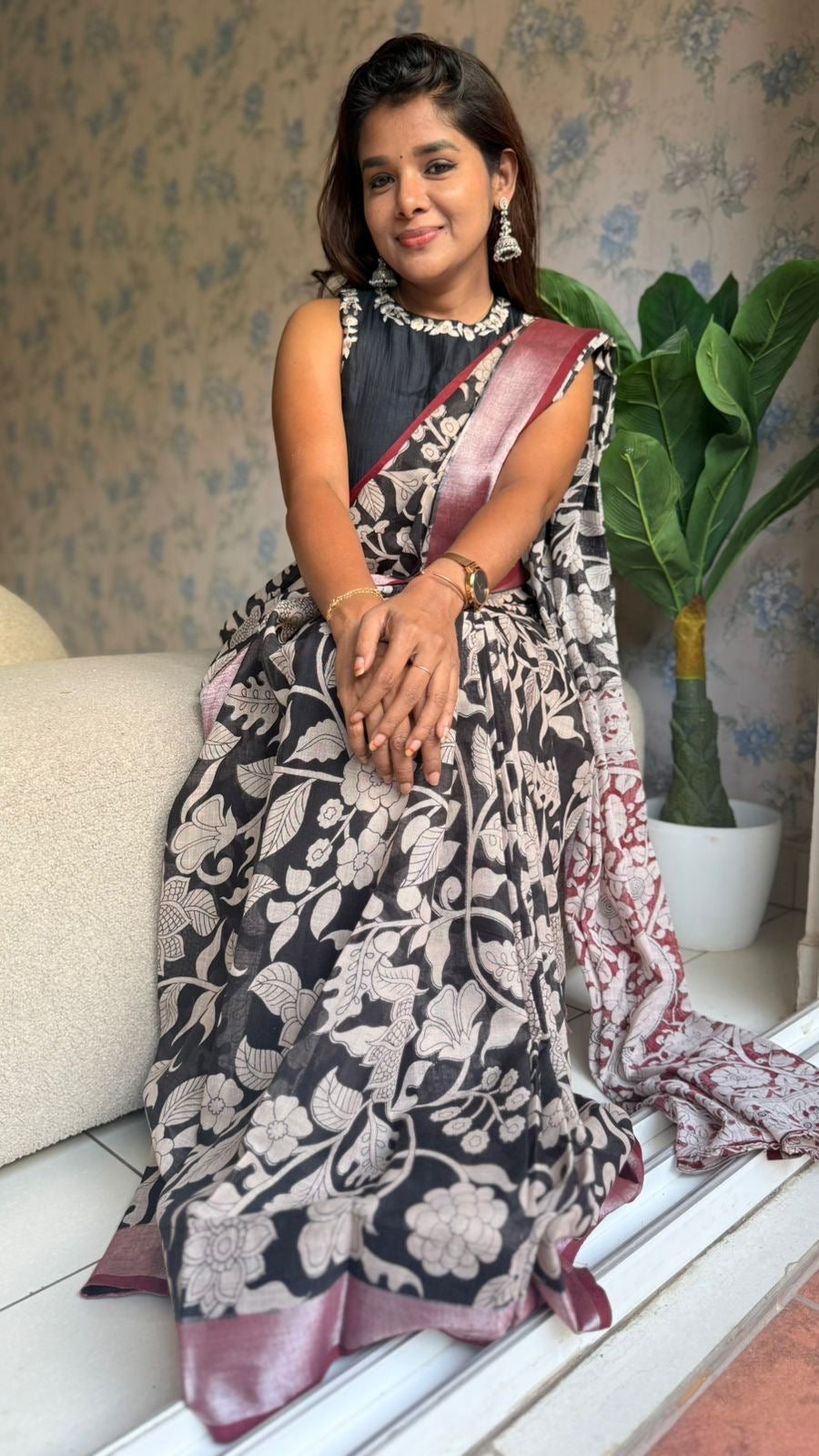 Black linen cotton kalamkari saree with embroidery blouse