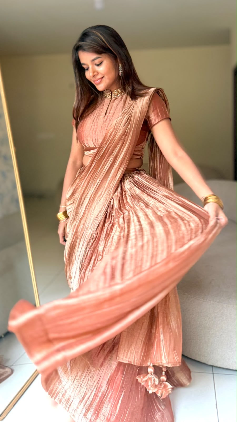 Copper tissue hand work lehenga