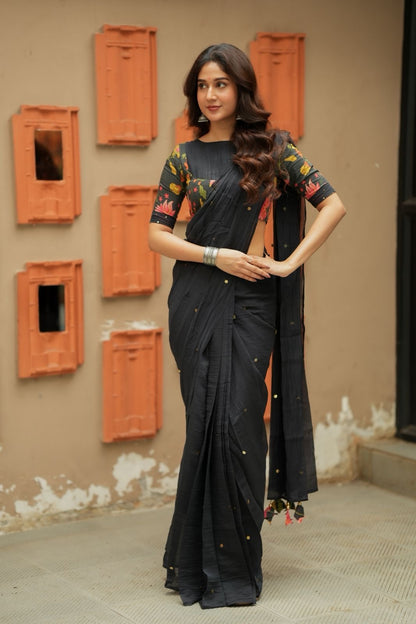 Black chanderi cotton floral print blouse (only blouse)