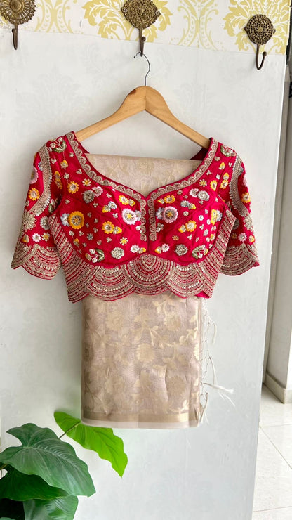 Half white banarasi saree with deep pink silk hand embroidery blouse