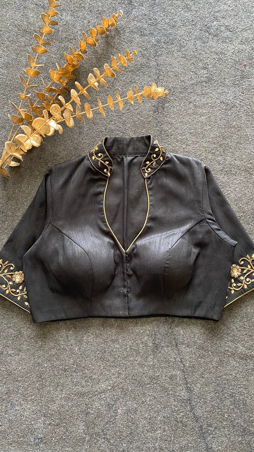 Black silk collar & sleeves hand worked blouse