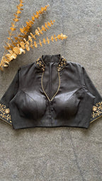 Black silk collar & sleeves hand worked blouse