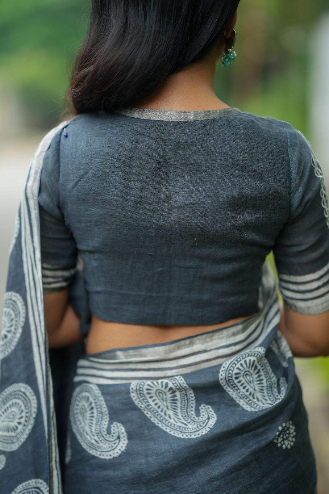 Grey linen floral printed designer saree