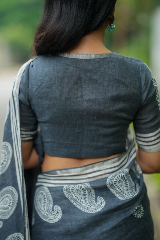 Grey linen floral saree with hand work blouse