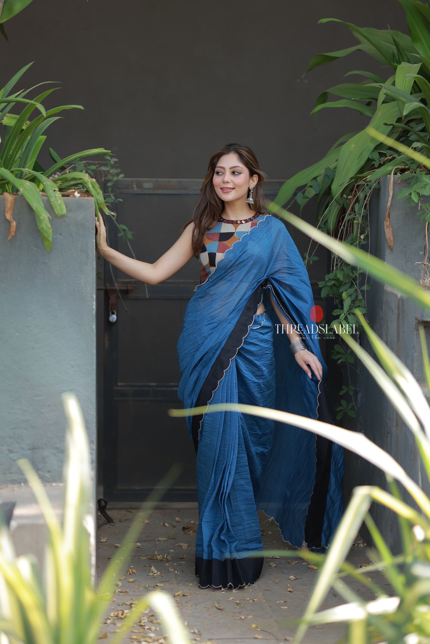 Blue mul chanderi saree with mirror work blouse