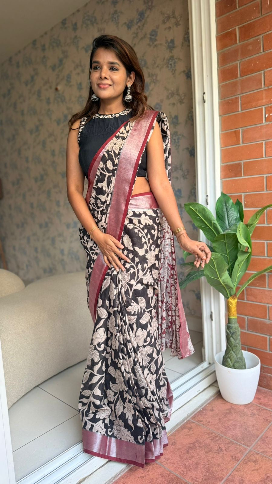 Black linen cotton kalamkari saree with embroidery blouse
