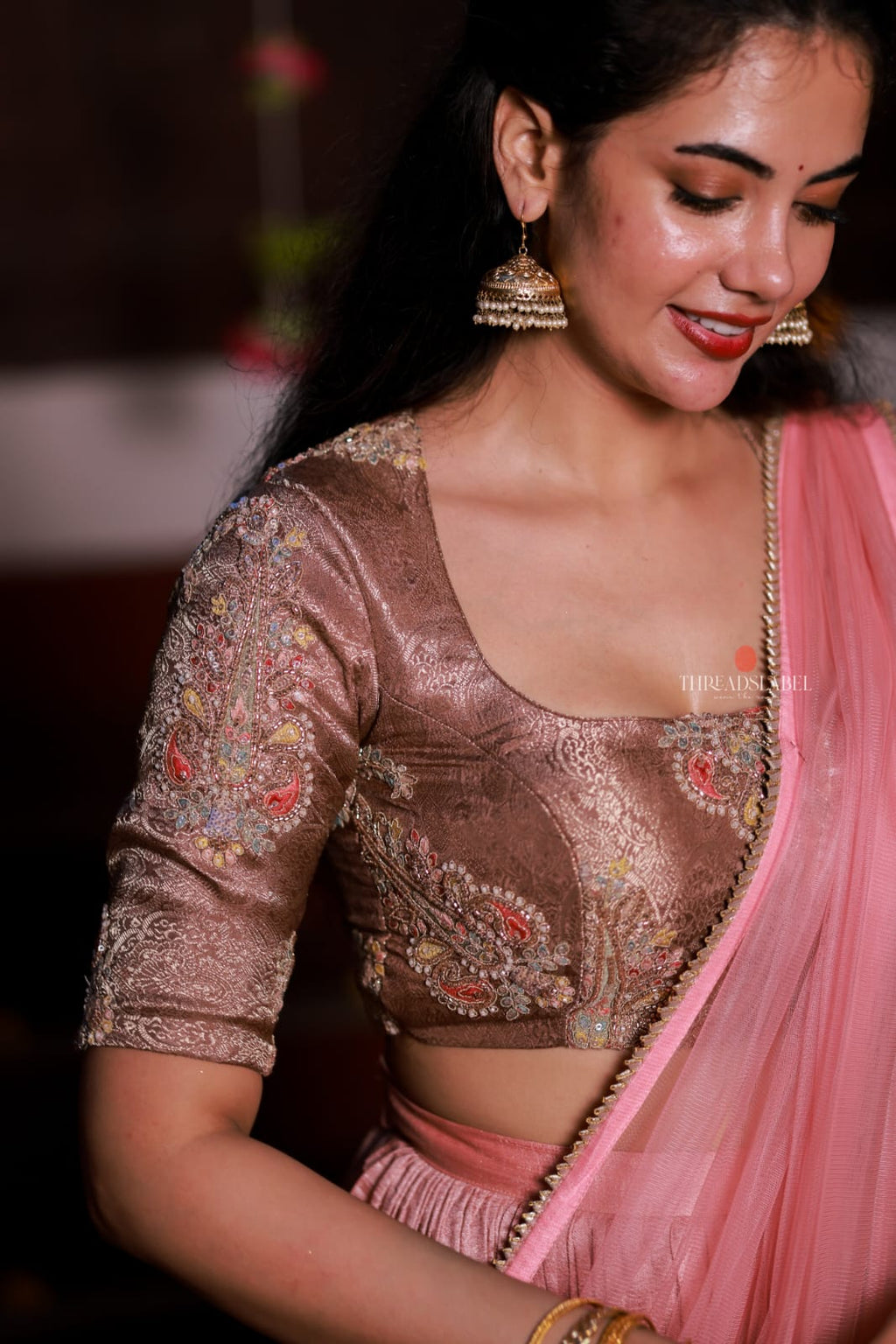 Pink marble silk lehenga with handwork blouse