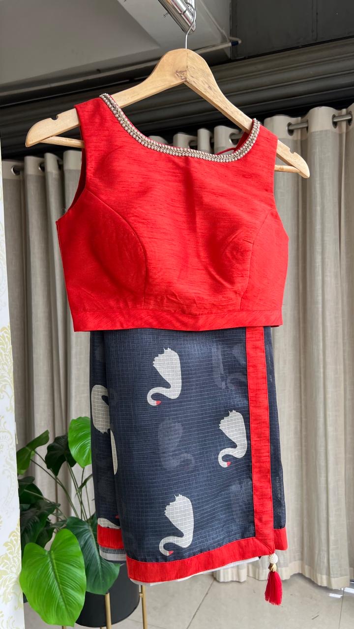 Grey kota doria saree with reddish hand worked blouse