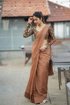 Brown malai chanderi saree with Ajrak print blouse