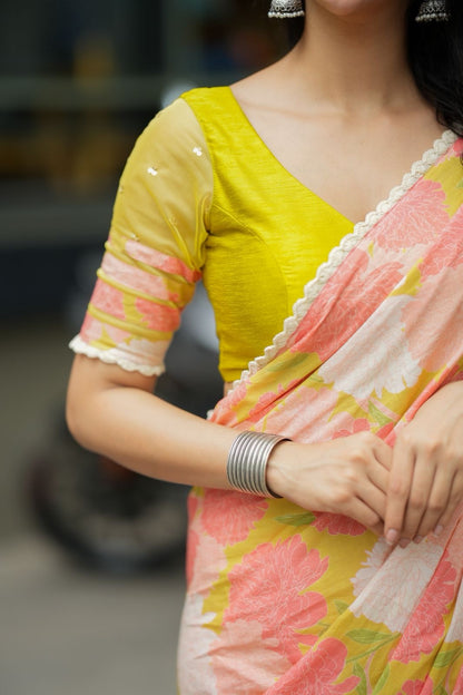 Lime yellow silk & netted hand work blouse (only blouse)