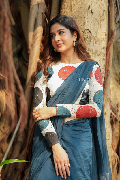 Blue mul chanderi saree with embroidery ajrak blouse