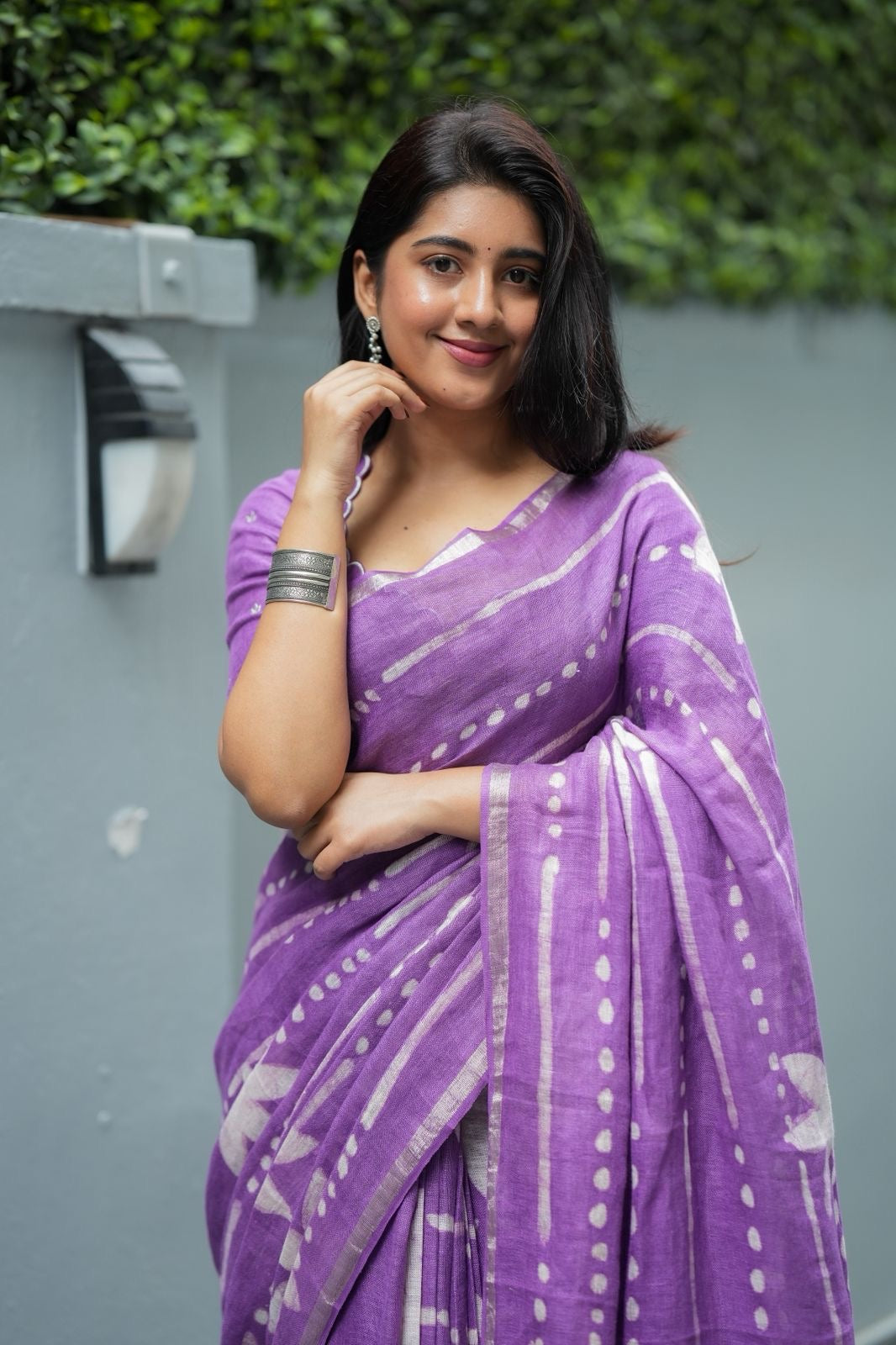 Purple linen floral saree with hand work blouse
