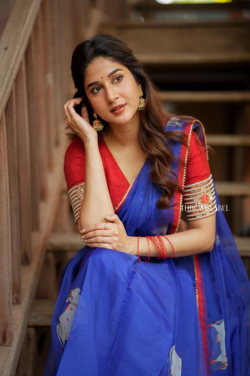 Blue organza cow with red hand work blouse