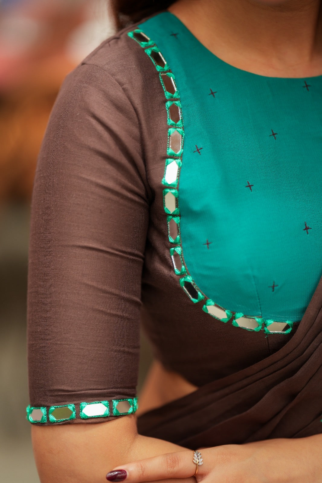 Dark brown mul chanderi with mirror blouse