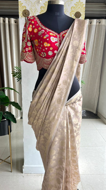 Half white banarasi saree with deep pink silk hand embroidery blouse