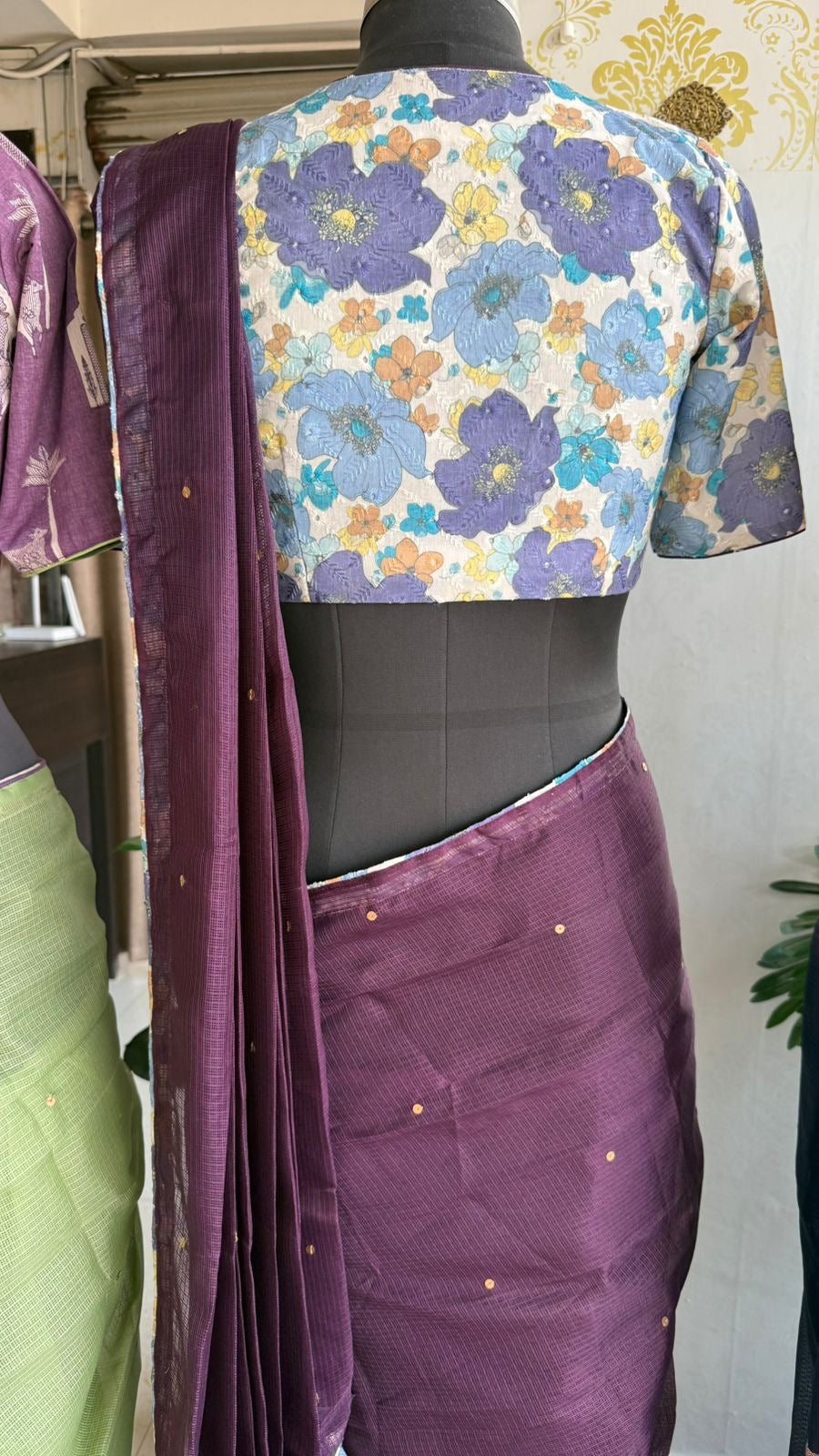 Wine kota saree with lilliac cotton blouse