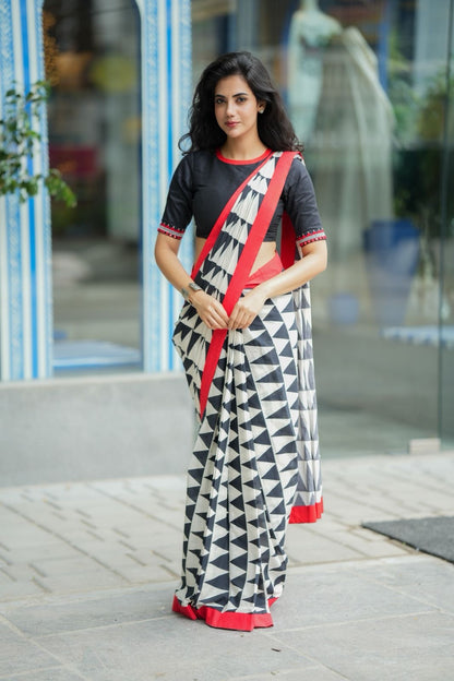 Black & white triangle saree with black hand work blouse