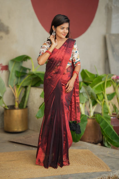 Wine soft tissue saree with floral blouse