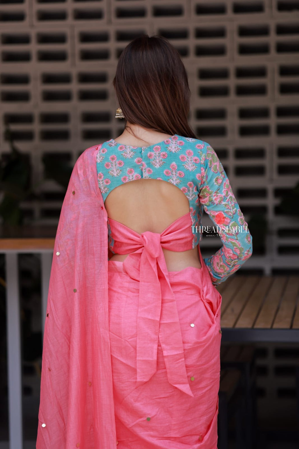 Baby pink mul chanderi saree with floral blouse