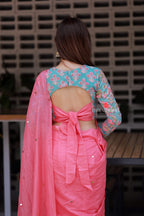 Baby pink mul chanderi saree with floral blouse