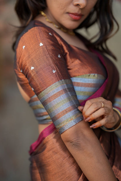 Copper soft tissue saree with handwork blouse